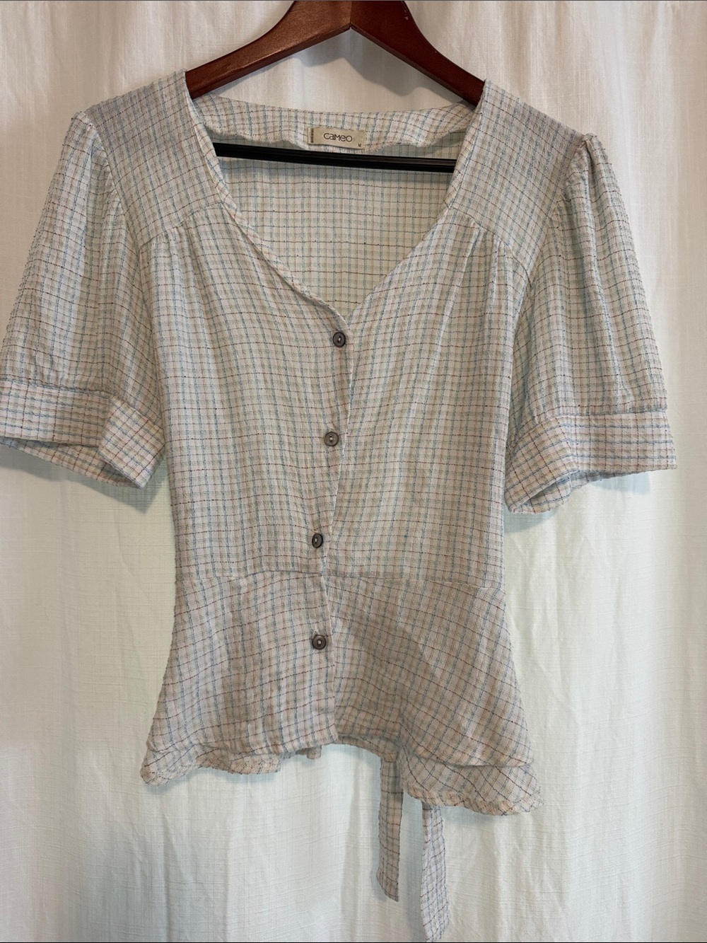 cameo Light Blue Plaid Button-Front Peplum Blouse